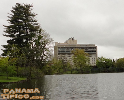 [There are many trees and even a big pond at the campus. On the background of this picture, there is the Lincoln Campus Center, the venue that hosted the conference.]